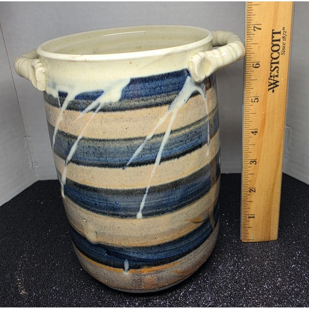 Studio Pottery Striped‎ Stoneware Vase Blue Tan Drip Glaze Lug Handles 7 Inch